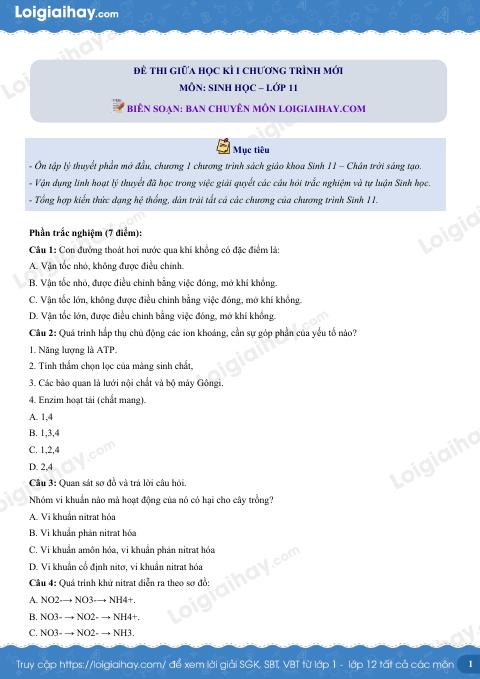 Đề thi giữa kì 1 Sinh 11 Chân trời sáng tạo - Đề số 1